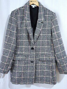 Old Navy Boucle Tweed Blazer Jacket Women Large Oversized Plaid Houndstooth Wool